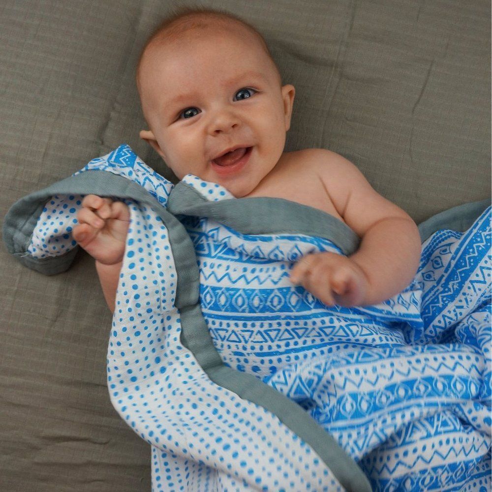 Blue Geometric Baby Blanket - 3 layers of soft muslin by Bambino Land